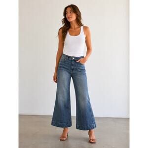 Frame Donna High Rise Cropped Jeans Size 33 Blue Denim Wide Leg Western Casual